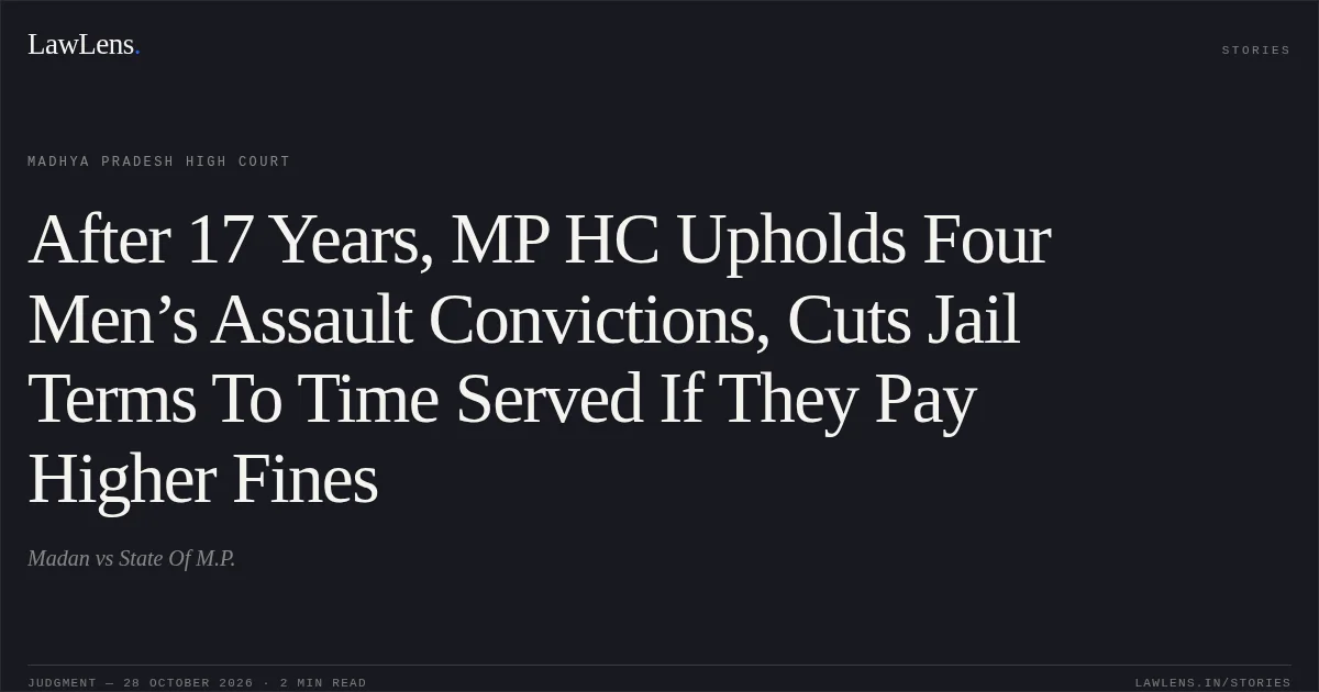 After 17 Years, MP HC Upholds Four Men’s Assault Convictions, Cuts Jail Terms To Time Served If They Pay Higher Fines. Madan vs State Of M.P.. Madhya Pradesh High Court. LawLens