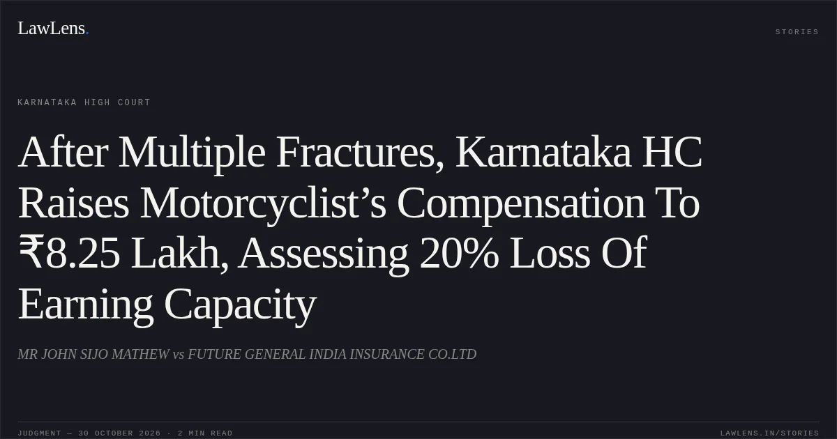 After Multiple Fractures, Karnataka HC Raises Motorcyclist’s Compensation To ₹8.25 Lakh, Assessing 20% Loss Of Earning Capacity. MR JOHN SIJO MATHEW vs FUTURE GENERAL INDIA INSURANCE CO.LTD. Karnataka High Court. LawLens