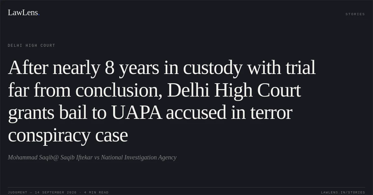 After nearly 8 years in custody with trial far from conclusion, Delhi High Court grants bail to UAPA accused in terror conspiracy case. Mohammad Saqib@ Saqib Iftekar vs National Investigation Agency. Delhi High Court. LawLens