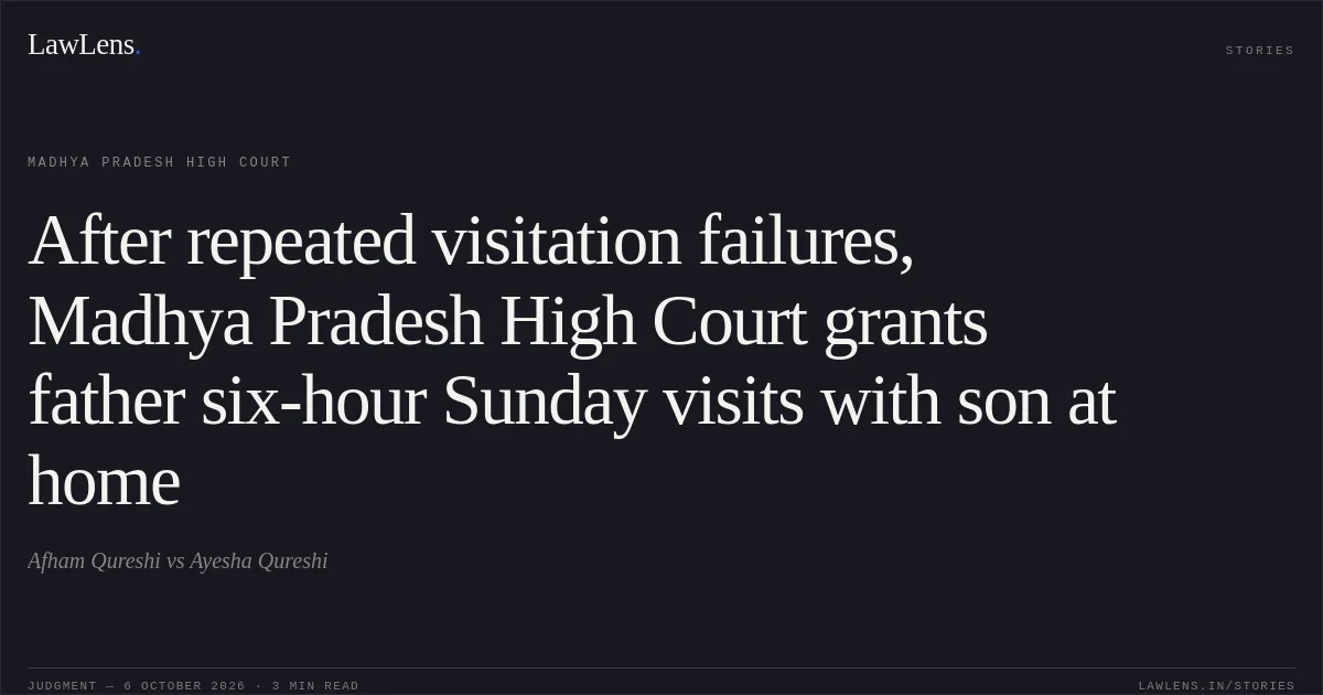 After repeated visitation failures, Madhya Pradesh High Court grants father six-hour Sunday visits with son at home. Afham Qureshi vs Ayesha Qureshi. Madhya Pradesh High Court. LawLens