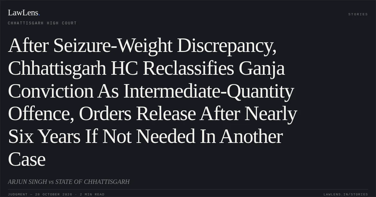 After Seizure-Weight Discrepancy, Chhattisgarh HC Reclassifies Ganja Conviction As Intermediate-Quantity Offence, Orders Release After Nearly Six Years If Not Needed In Another Case. ARJUN SINGH vs STATE OF CHHATTISGARH. Chhattisgarh High Court. LawLens
