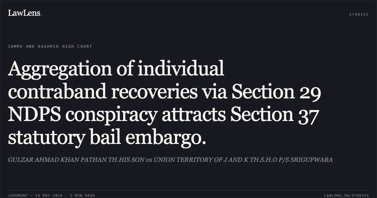 Aggregation of individual contraband recoveries via Section 29 NDPS conspiracy attracts Section 37 statutory bail embargo.. GULZAR AHMAD KHAN PATHAN TH.HIS SON vs UNION TERRITORY OF J AND K TH.S.H.O P/S SRIGUFWARA. Jammu and Kashmir High Court. LawLens