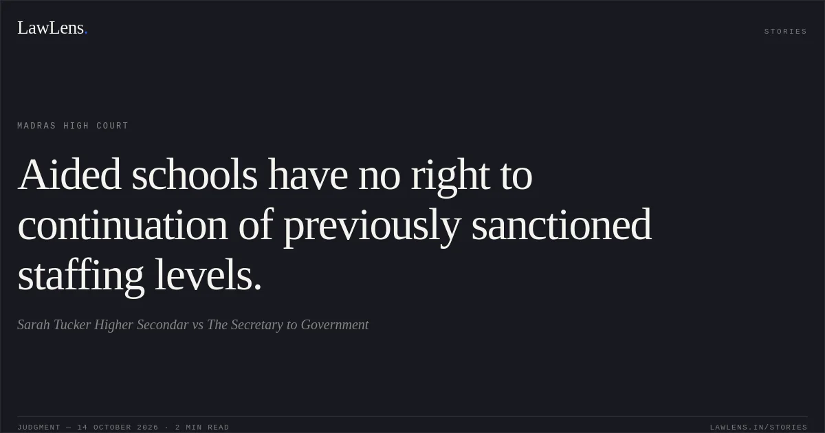 Aided schools have no right to continuation of previously sanctioned staffing levels.. Sarah Tucker Higher Secondar vs The Secretary to Government. Madras High Court. LawLens