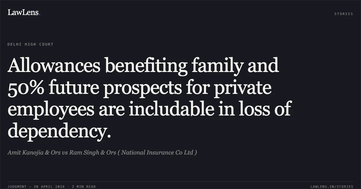Allowances benefiting family and 50% future prospects for private employees are includable in loss of dependency.. Amit Kanojia & Ors vs Ram Singh & Ors ( National Insurance Co Ltd ). Delhi High Court. LawLens