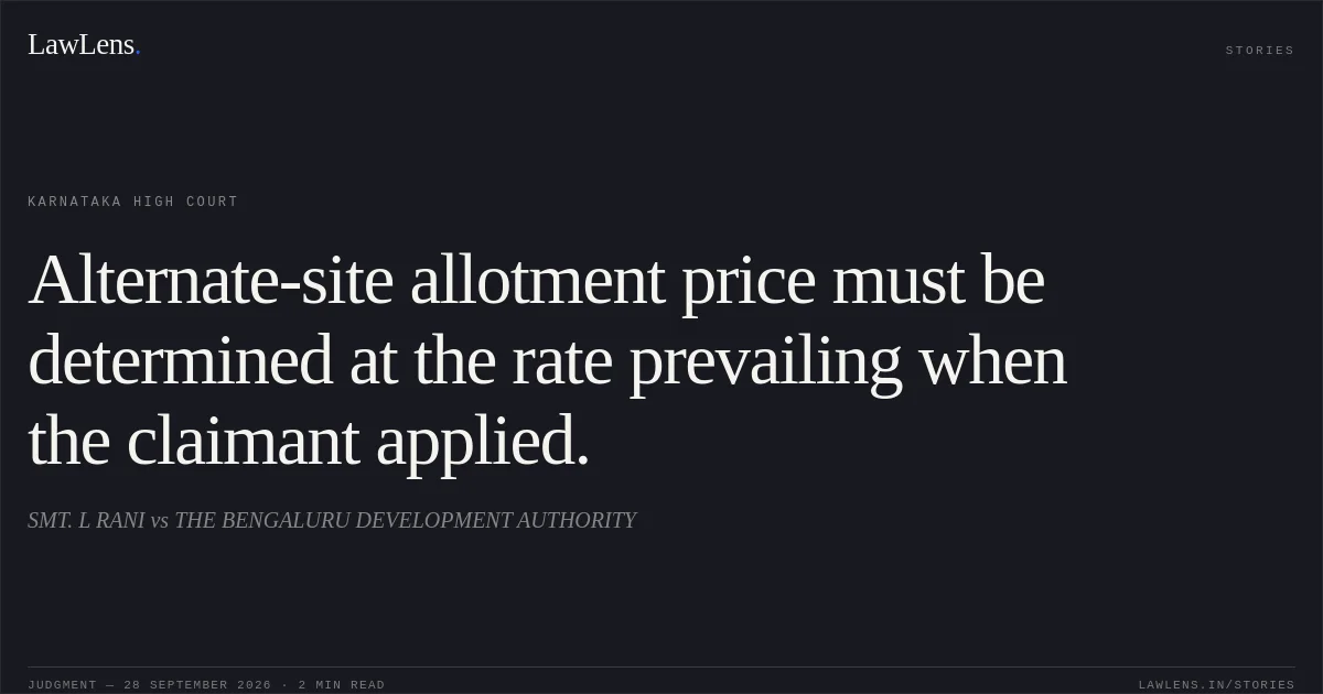 Alternate-site allotment price must be determined at the rate prevailing when the claimant applied.. SMT. L RANI vs THE BENGALURU DEVELOPMENT AUTHORITY. Karnataka High Court. LawLens