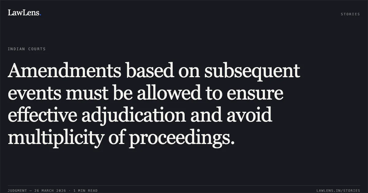 Amendments based on subsequent events must be allowed to ensure effective adjudication and avoid multiplicity of proceedings.. Brajesh Kumar Agrawal vs Nand Kishore. Madhya Pradesh High Court. LawLens