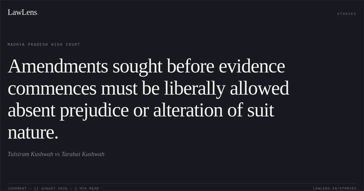 Amendments sought before evidence commences must be liberally allowed absent prejudice or alteration of suit nature.. Tulsiram Kushwah vs Tarabai Kushwah. Madhya Pradesh High Court. LawLens