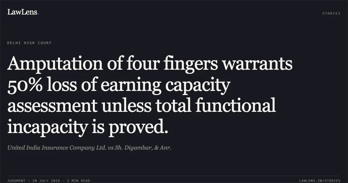Amputation of four fingers warrants 50% loss of earning capacity assessment unless total functional incapacity is proved.. United India Insurance Company Ltd. vs Sh. Digambar, & Anr.. Delhi High Court. LawLens