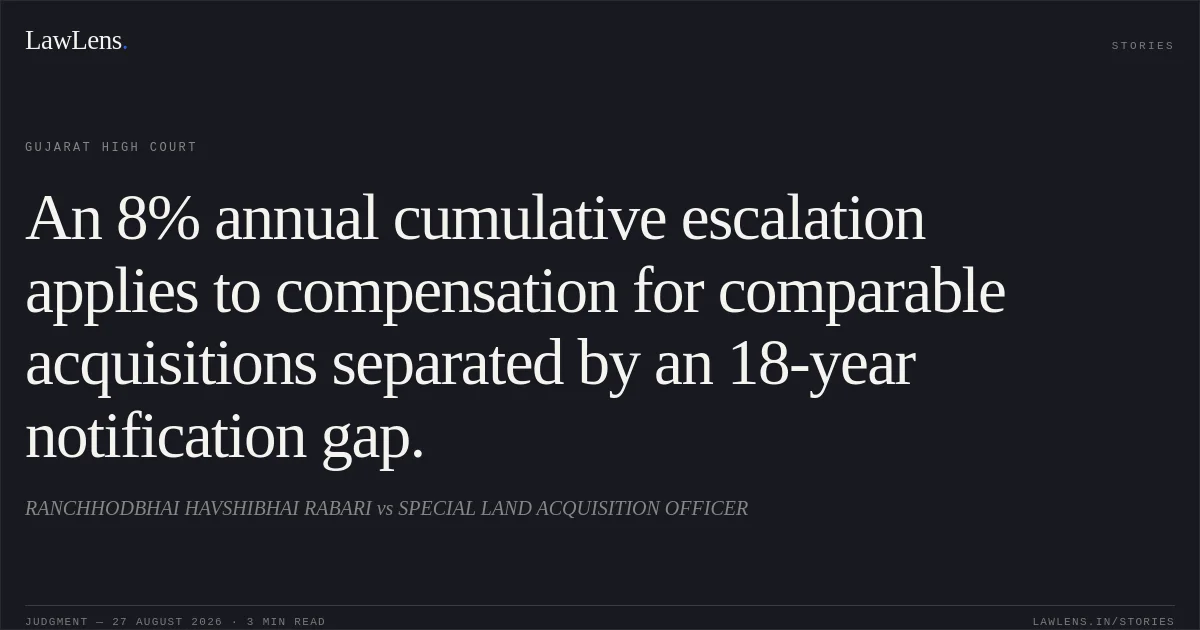 An 8% annual cumulative escalation applies to compensation for comparable acquisitions separated by an 18-year notification gap.. RANCHHODBHAI HAVSHIBHAI RABARI vs SPECIAL LAND ACQUISITION OFFICER. Gujarat High Court. LawLens