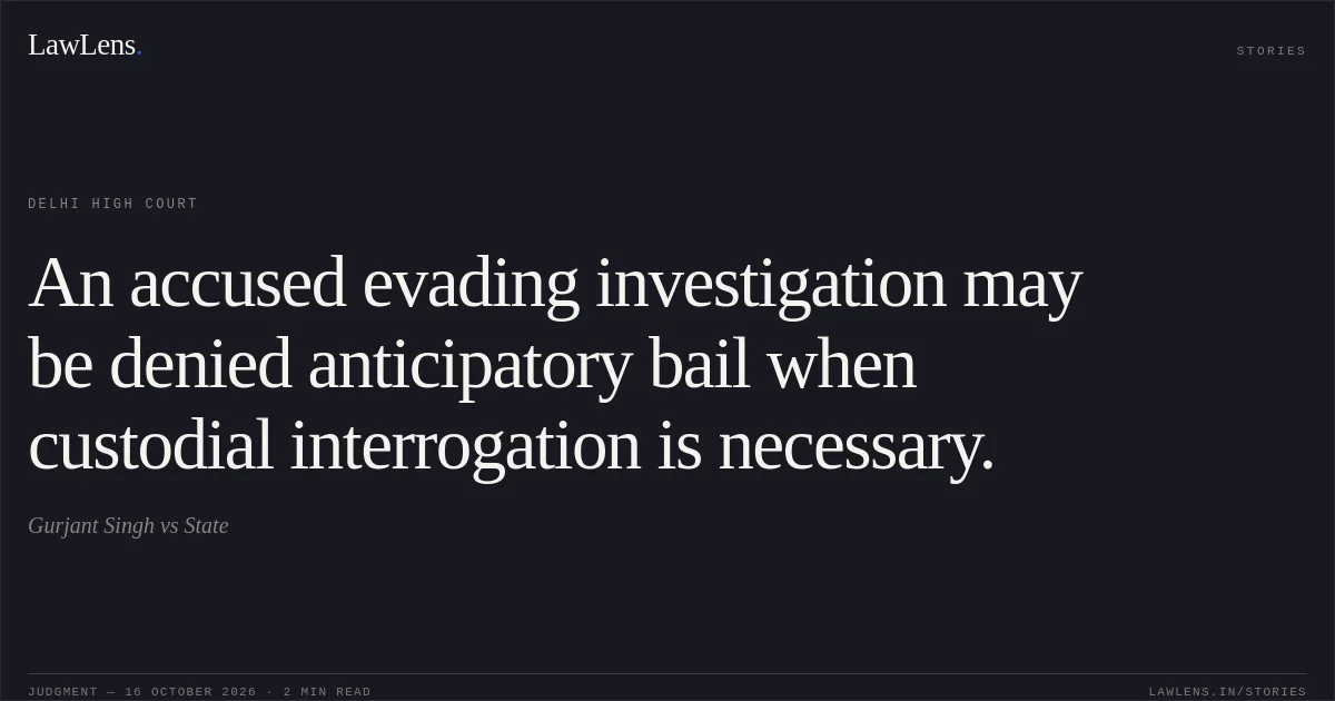 An accused evading investigation may be denied anticipatory bail when custodial interrogation is necessary.. Gurjant Singh vs State. Delhi High Court. LawLens