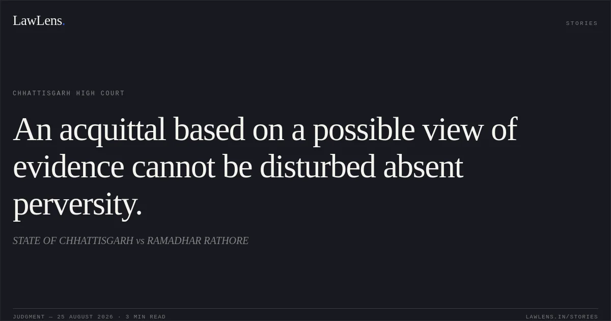An acquittal based on a possible view of evidence cannot be disturbed absent perversity.. STATE OF CHHATTISGARH vs RAMADHAR RATHORE. Chhattisgarh High Court. LawLens