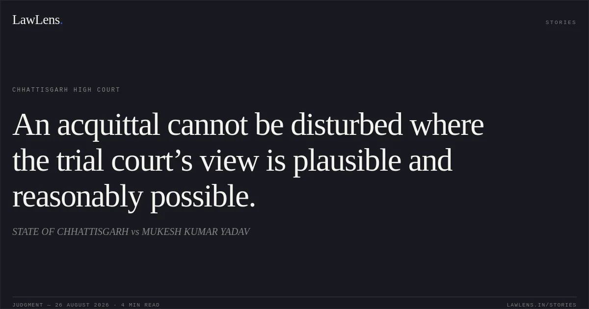 An acquittal cannot be disturbed where the trial court’s view is plausible and reasonably possible.. STATE OF CHHATTISGARH vs MUKESH KUMAR YADAV. Chhattisgarh High Court. LawLens