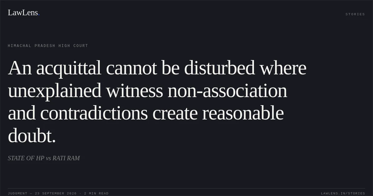 An acquittal cannot be disturbed where unexplained witness non-association and contradictions create reasonable doubt.. STATE OF HP vs RATI RAM. Himachal Pradesh High Court. LawLens