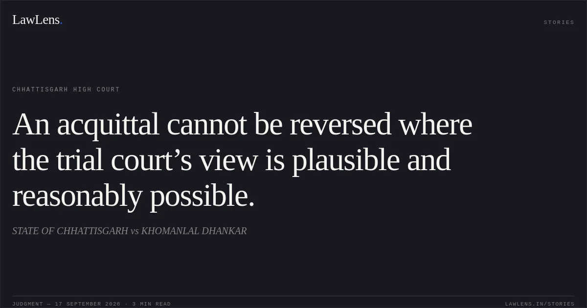 An acquittal cannot be reversed where the trial court’s view is plausible and reasonably possible.. STATE OF CHHATTISGARH vs KHOMANLAL DHANKAR. Chhattisgarh High Court. LawLens