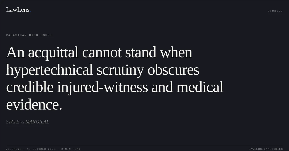 An acquittal cannot stand when hypertechnical scrutiny obscures credible injured-witness and medical evidence.. STATE vs MANGILAL. Rajasthan High Court. LawLens