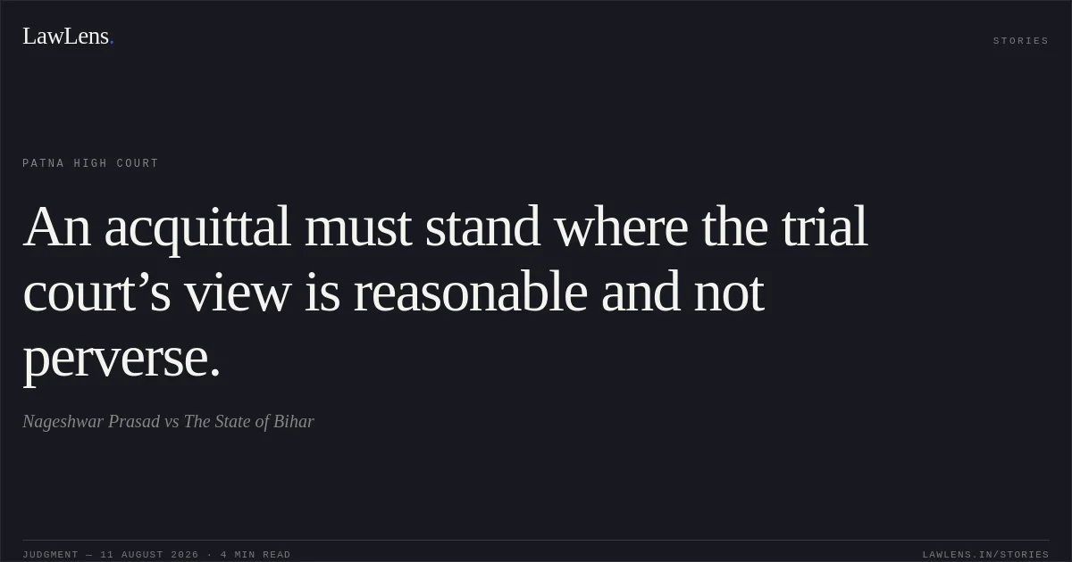 An acquittal must stand where the trial court’s view is reasonable and not perverse.. Nageshwar Prasad vs The State of Bihar. Patna High Court. LawLens
