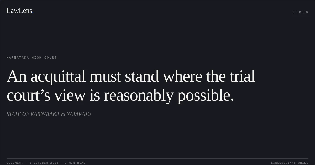 An acquittal must stand where the trial court’s view is reasonably possible.. STATE OF KARNATAKA vs NATARAJU. Karnataka High Court. LawLens