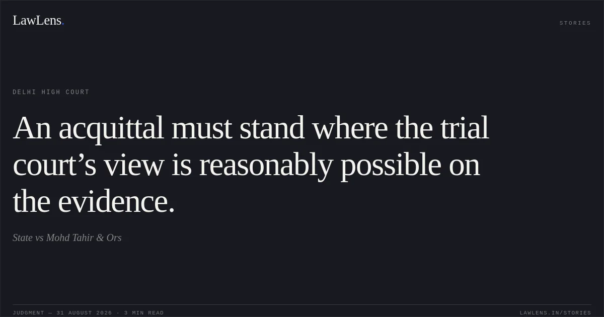 An acquittal must stand where the trial court’s view is reasonably possible on the evidence.. State vs Mohd Tahir & Ors. Delhi High Court. LawLens