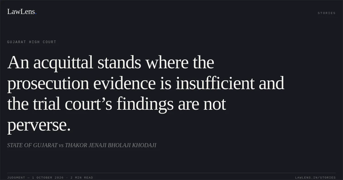 An acquittal stands where the prosecution evidence is insufficient and the trial court’s findings are not perverse.. STATE OF GUJARAT vs THAKOR JENAJI BHOLAJI KHODAJI. Gujarat High Court. LawLens