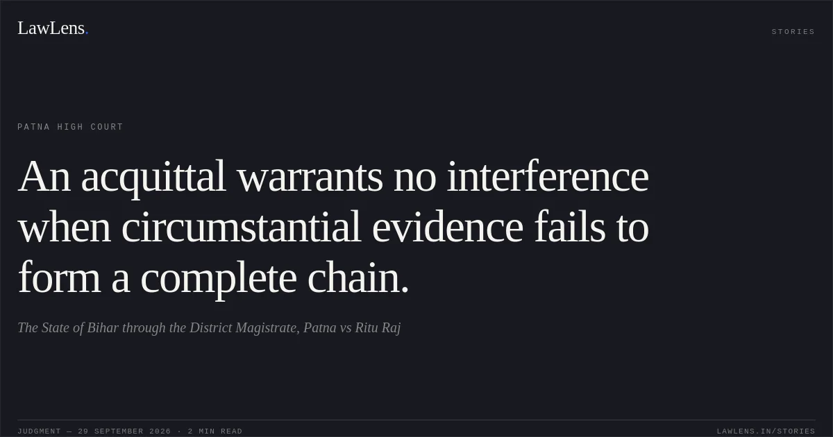 An acquittal warrants no interference when circumstantial evidence fails to form a complete chain.. The State of Bihar through the District Magistrate, Patna vs Ritu Raj. Patna High Court. LawLens