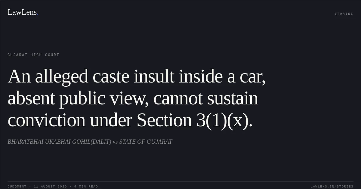 An alleged caste insult inside a car, absent public view, cannot sustain conviction under Section 3(1)(x).. BHARATBHAI UKABHAI GOHIL(DALIT) vs STATE OF GUJARAT. Gujarat High Court. LawLens