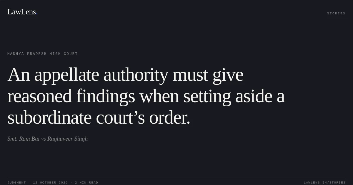 An appellate authority must give reasoned findings when setting aside a subordinate court’s order.. Smt. Ram Bai vs Raghuveer Singh. Madhya Pradesh High Court. LawLens