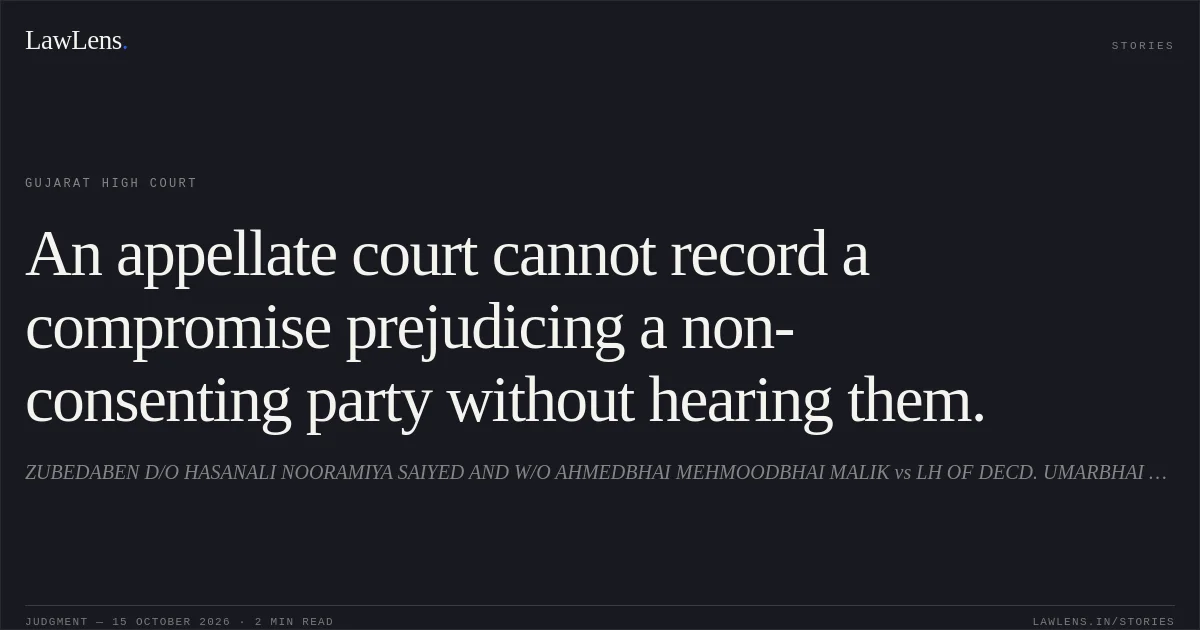 An appellate court cannot record a compromise prejudicing a non-consenting party without hearing them.. ZUBEDABEN D/O HASANALI NOORAMIYA SAIYED AND W/O AHMEDBHAI MEHMOODBHAI MALIK vs LH OF DECD. UMARBHAI BADARBHAI MALEK. Gujarat High Court. LawLens