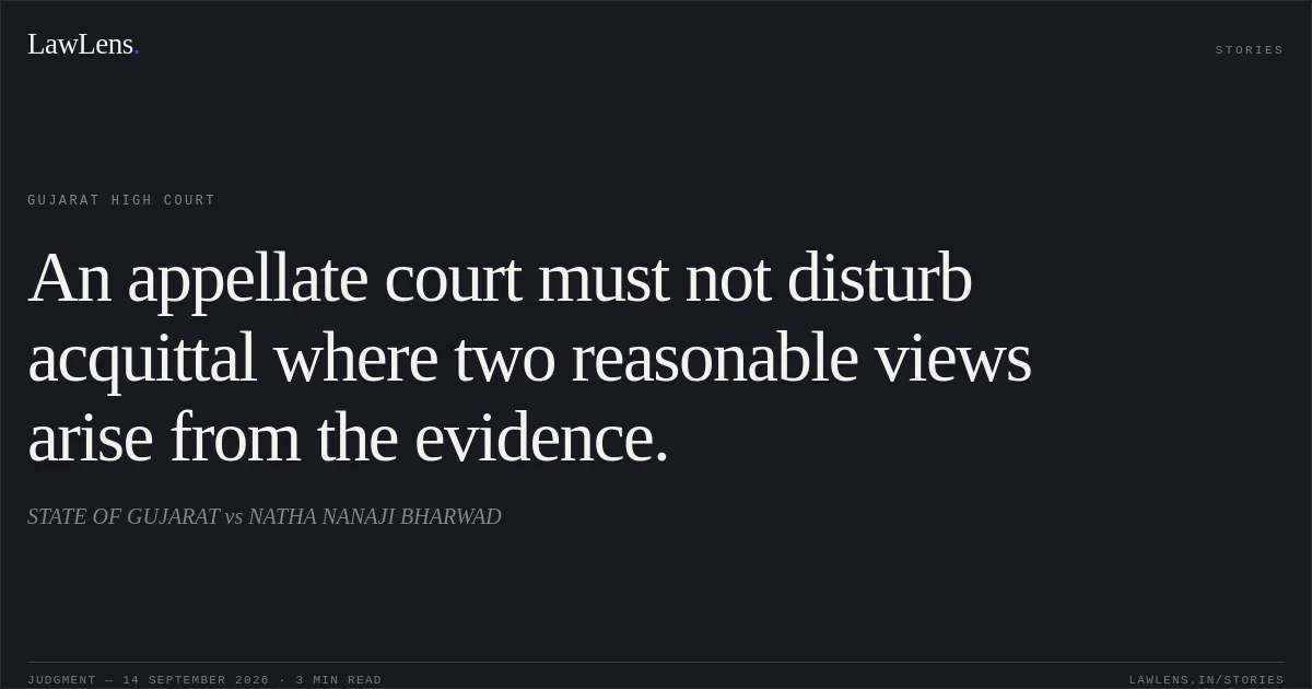 An appellate court must not disturb acquittal where two reasonable views arise from the evidence.. STATE OF GUJARAT vs NATHA NANAJI BHARWAD. Gujarat High Court. LawLens
