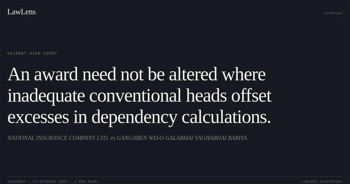An award need not be altered where inadequate conventional heads offset excesses in dependency calculations.. NATIONAL INSURANCE COMPANY LTD. vs GANGABEN WD-O GALABHAI VAGHABHAI BARIYA. Gujarat High Court. LawLens