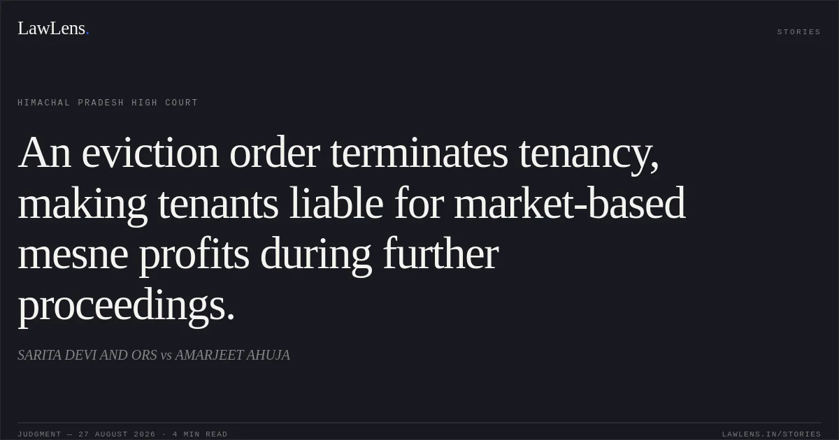 An eviction order terminates tenancy, making tenants liable for market-based mesne profits during further proceedings.. SARITA DEVI AND ORS vs AMARJEET AHUJA. Himachal Pradesh High Court. LawLens