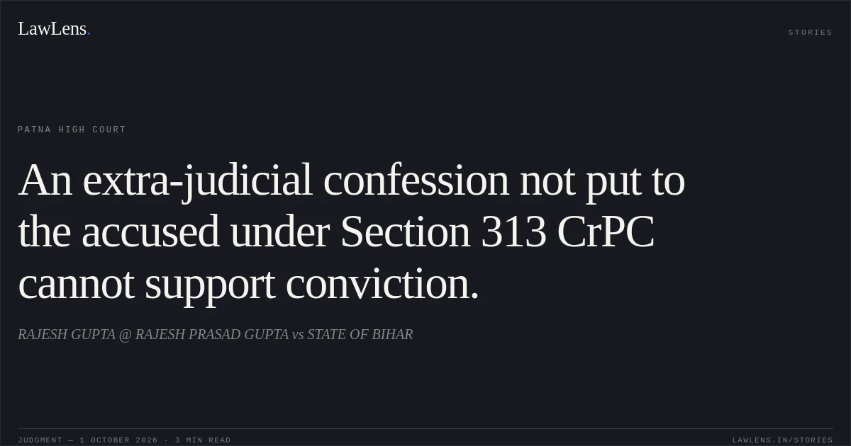 An extra-judicial confession not put to the accused under Section 313 CrPC cannot support conviction.. RAJESH GUPTA @ RAJESH PRASAD GUPTA vs STATE OF BIHAR. Patna High Court. LawLens