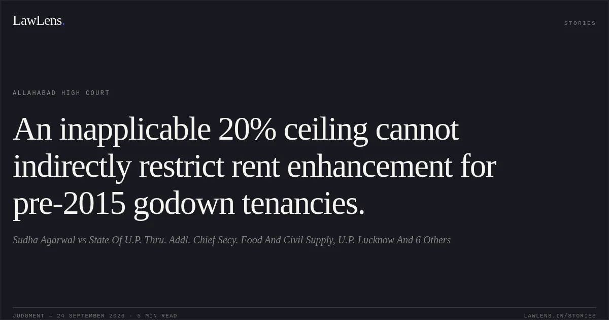 An inapplicable 20% ceiling cannot indirectly restrict rent enhancement for pre-2015 godown tenancies.. Sudha Agarwal vs State Of U.P. Thru. Addl. Chief Secy. Food And Civil Supply, U.P. Lucknow And 6 Others. Allahabad High Court. LawLens
