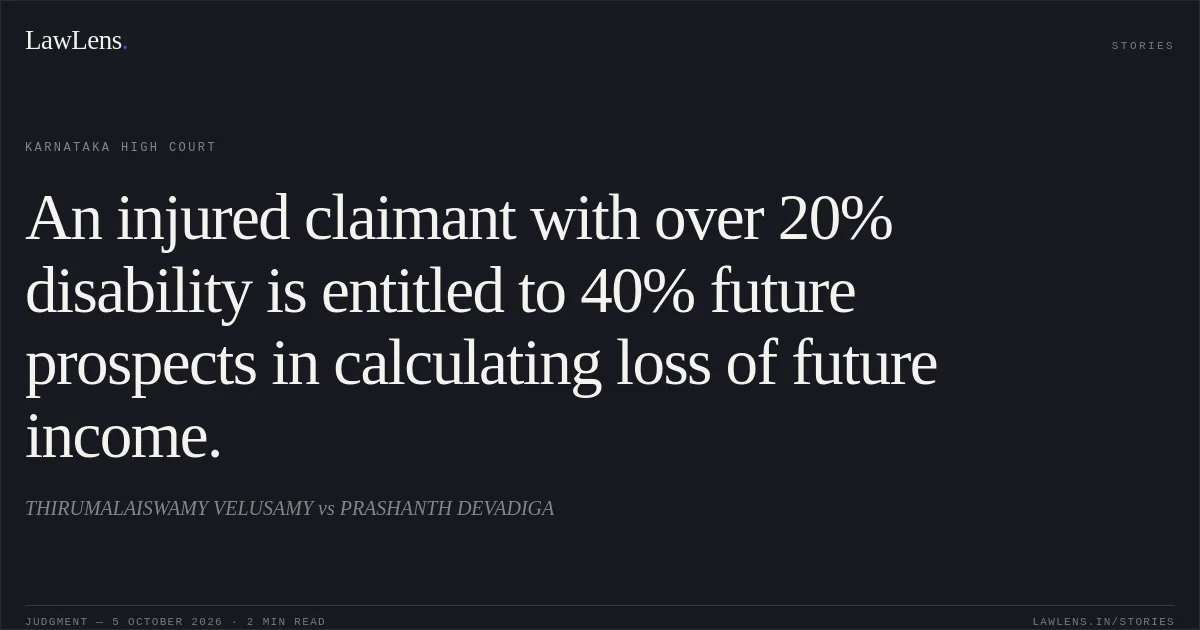 An injured claimant with over 20% disability is entitled to 40% future prospects in calculating loss of future income.. THIRUMALAISWAMY VELUSAMY vs PRASHANTH DEVADIGA. Karnataka High Court. LawLens