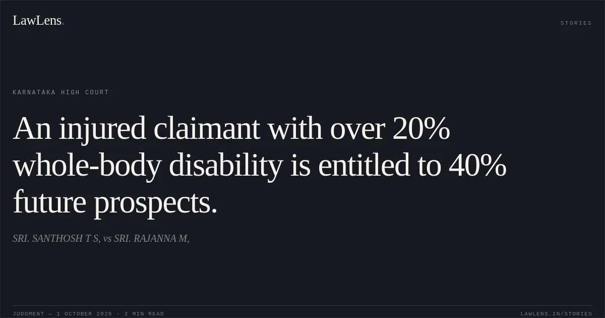 An injured claimant with over 20% whole-body disability is entitled to 40% future prospects.. SRI. SANTHOSH T S, vs SRI. RAJANNA M,. Karnataka High Court. LawLens