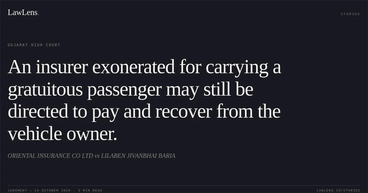 An insurer exonerated for carrying a gratuitous passenger may still be directed to pay and recover from the vehicle owner.. ORIENTAL INSURANCE CO LTD vs LILABEN JIVANBHAI BARIA. Gujarat High Court. LawLens