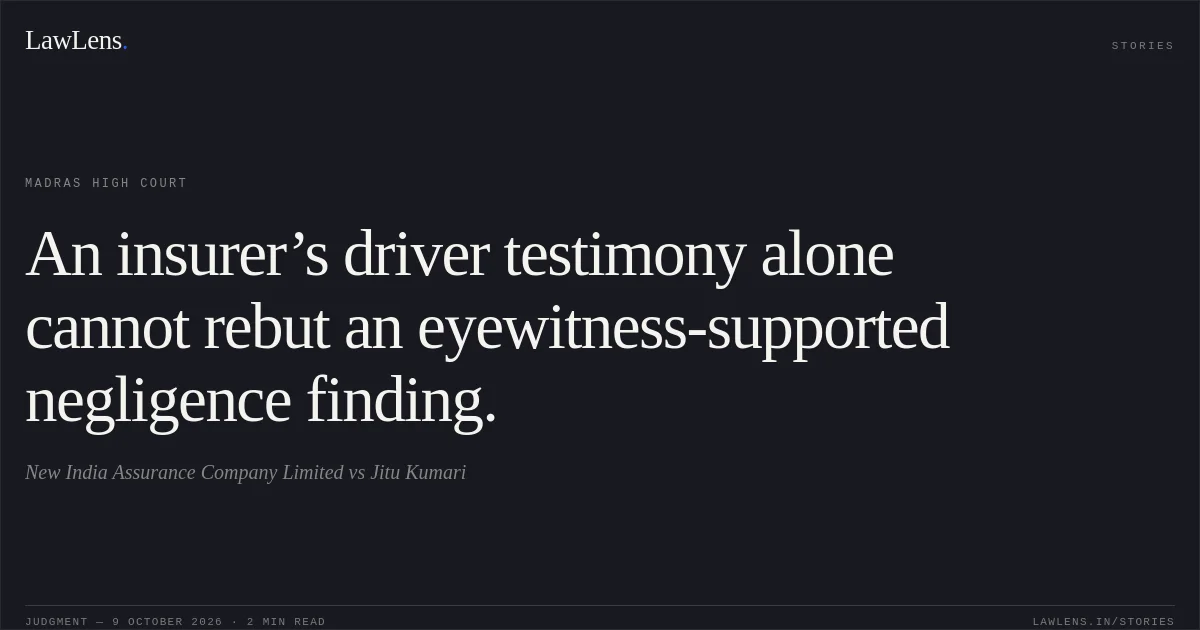 An insurer’s driver testimony alone cannot rebut an eyewitness-supported negligence finding.. New India Assurance Company Limited vs Jitu Kumari. Madras High Court. LawLens