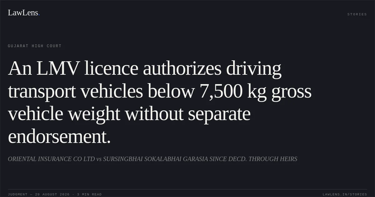 An LMV licence authorizes driving transport vehicles below 7,500 kg gross vehicle weight without separate endorsement.. ORIENTAL INSURANCE CO LTD vs SURSINGBHAI SOKALABHAI GARASIA SINCE DECD. THROUGH HEIRS. Gujarat High Court. LawLens