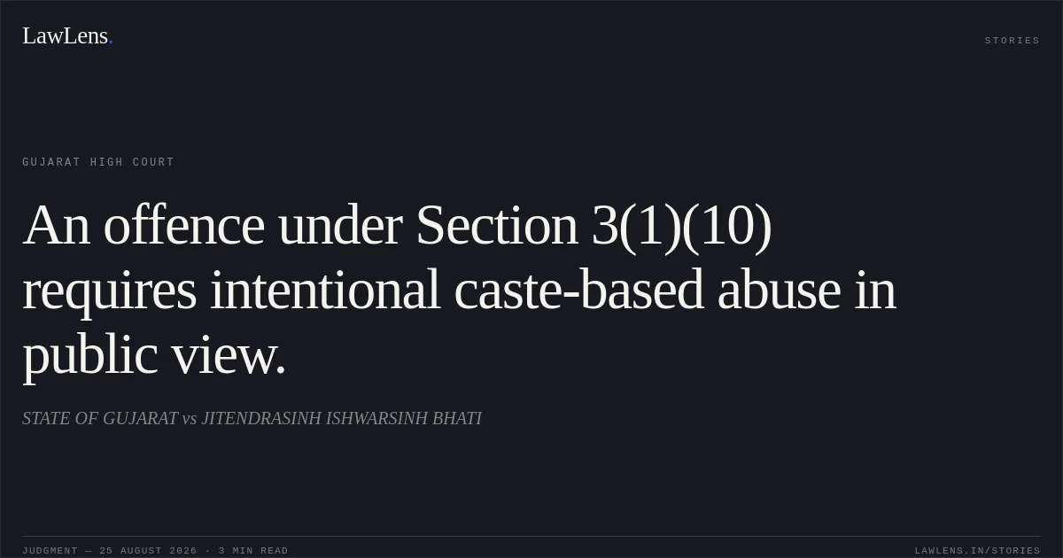 An offence under Section 3(1)(10) requires intentional caste-based abuse in public view.. STATE OF GUJARAT vs JITENDRASINH ISHWARSINH BHATI. Gujarat High Court. LawLens