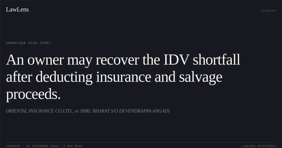 An owner may recover the IDV shortfall after deducting insurance and salvage proceeds.. ORIENTAL INSURANCE CO.LTD., vs SHRI. BHARAT S/O DEVENDRAPPA ANGADI. Karnataka High Court. LawLens