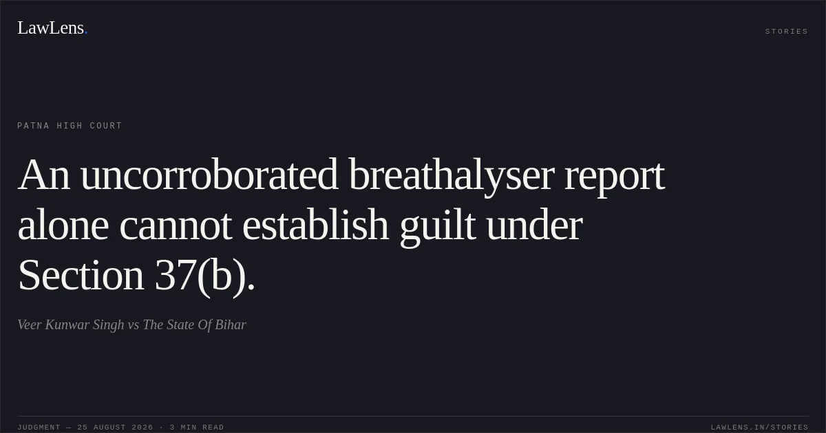 An uncorroborated breathalyser report alone cannot establish guilt under Section 37(b).. Veer Kunwar Singh vs The State Of Bihar. Patna High Court. LawLens