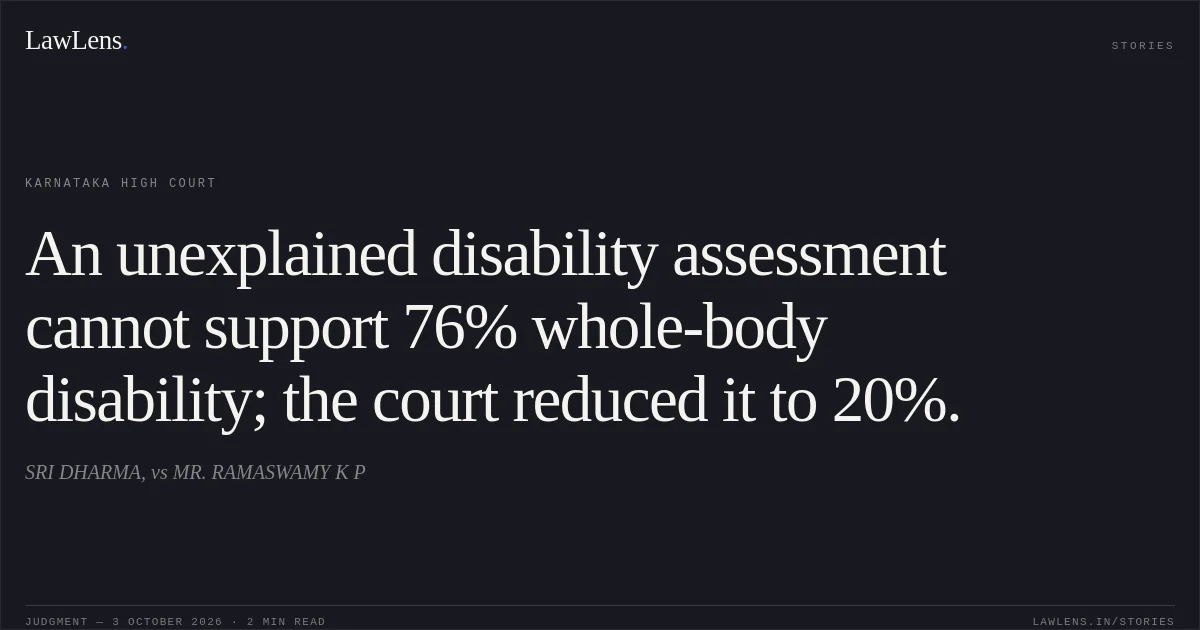 An unexplained disability assessment cannot support 76% whole-body disability; the court reduced it to 20%.. SRI DHARMA, vs MR. RAMASWAMY K P. Karnataka High Court. LawLens