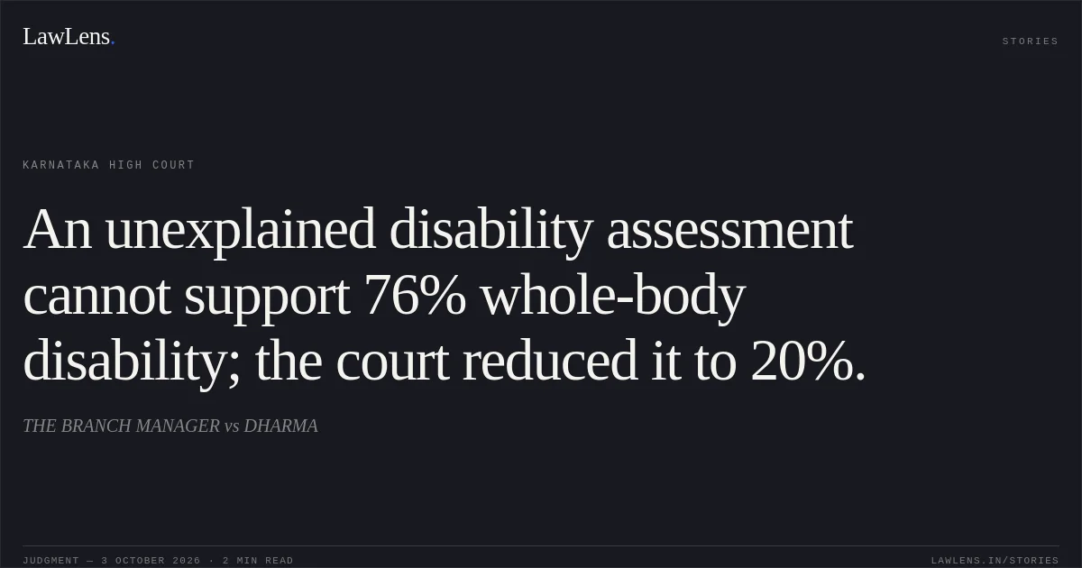An unexplained disability assessment cannot support 76% whole-body disability; the court reduced it to 20%.. THE BRANCH MANAGER vs DHARMA. Karnataka High Court. LawLens