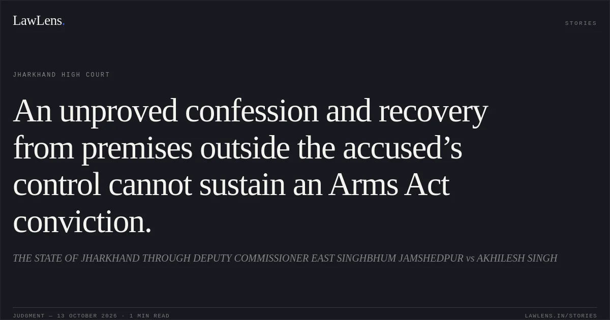 An unproved confession and recovery from premises outside the accused’s control cannot sustain an Arms Act conviction.. THE STATE OF JHARKHAND THROUGH DEPUTY COMMISSIONER EAST SINGHBHUM JAMSHEDPUR vs AKHILESH SINGH. Jharkhand High Court. LawLens