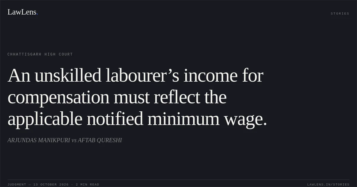 An unskilled labourer’s income for compensation must reflect the applicable notified minimum wage.. ARJUNDAS MANIKPURI vs AFTAB QURESHI. Chhattisgarh High Court. LawLens