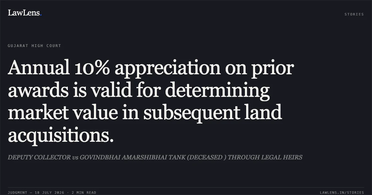 Annual 10% appreciation on prior awards is valid for determining market value in subsequent land acquisitions.. DEPUTY COLLECTOR vs GOVINDBHAI AMARSHIBHAI TANK (DECEASED ) THROUGH LEGAL HEIRS. Gujarat High Court. LawLens