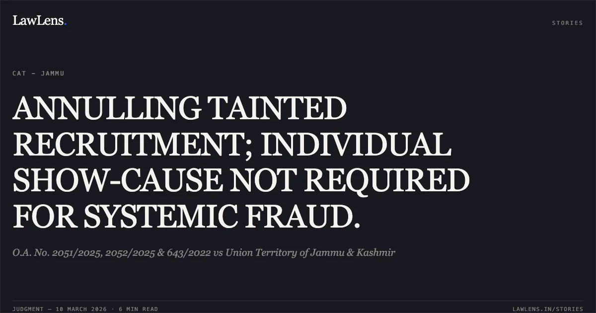 ANNULLING TAINTED RECRUITMENT; INDIVIDUAL SHOW-CAUSE NOT REQUIRED FOR SYSTEMIC FRAUD.. O.A. No. 2051/2025, 2052/2025 & 643/2022 vs Union Territory of Jammu & Kashmir. Central Administrative Tribunal. LawLens