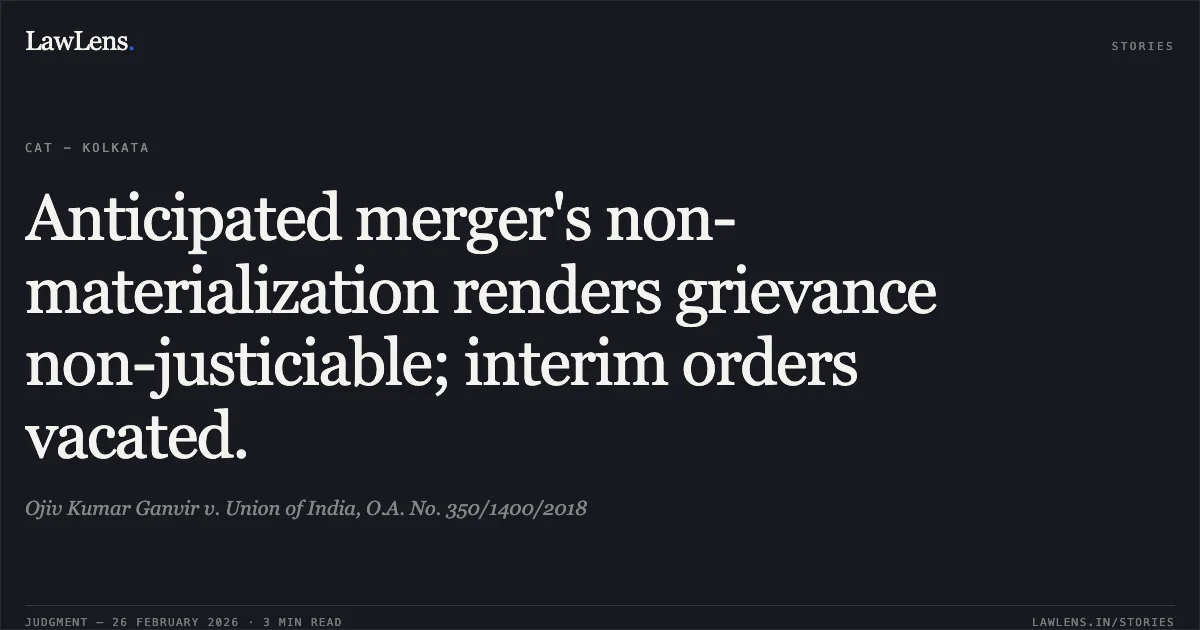 Anticipated merger's non-materialization renders grievance non-justiciable; interim orders vacated.. Ojiv Kumar Ganvir v. Union of India, O.A. No. 350/1400/2018. Central Administrative Tribunal. LawLens