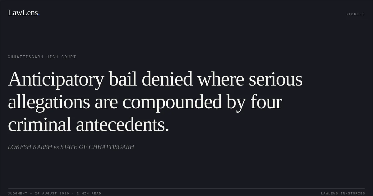Anticipatory bail denied where serious allegations are compounded by four criminal antecedents.. LOKESH KARSH vs STATE OF CHHATTISGARH. Chhattisgarh High Court. LawLens