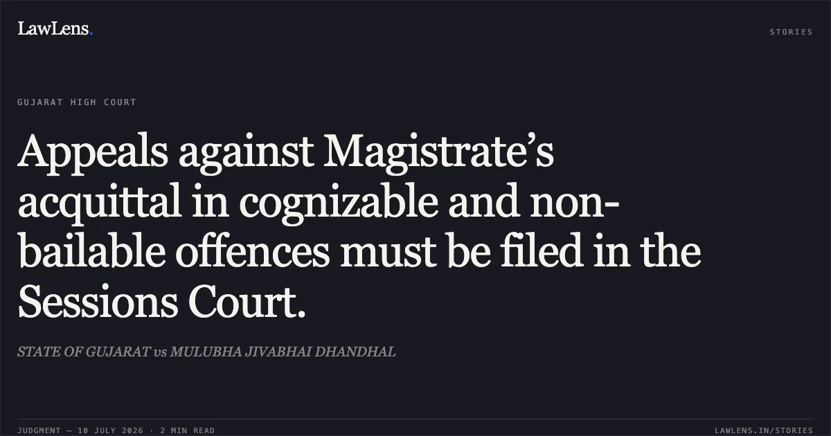 Appeals against Magistrate’s acquittal in cognizable and non-bailable offences must be filed in the Sessions Court.. STATE OF GUJARAT vs MULUBHA JIVABHAI DHANDHAL. Gujarat High Court. LawLens