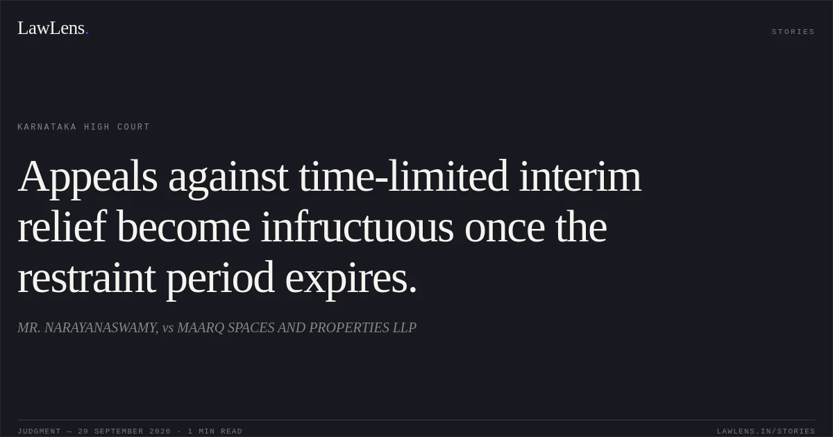 Appeals against time-limited interim relief become infructuous once the restraint period expires.. MR. NARAYANASWAMY, vs MAARQ SPACES AND PROPERTIES LLP. Karnataka High Court. LawLens